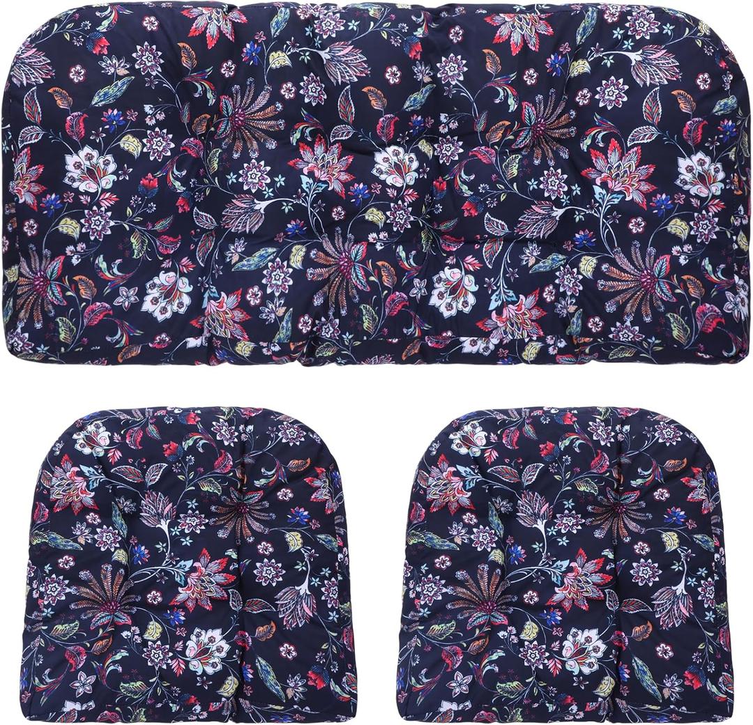 3 Pcs Wicker Chair Outdoor Cushion for Furniture, 1 Loveseat Seat and 2 U-Shape Cushion for Patio Furniture(Colorful Vine)