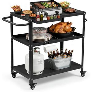 Grill Cart Table Indoor & Outdoor with 4 Lockable Casters, Hooks & Side Handle, Multifunctional Pizza Oven Stand for Patio Kitchen