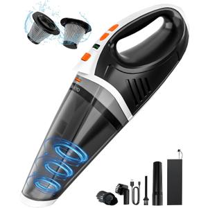 TANYO Handheld Vacuum Cordless Rechargeable, Car Vacuum Cleaner Portable 15KPA Strong Suction, Hand Held Brushless 5 in1 with LED Lights, Small Vacuum 120W for Car, Home, Office, Pet, Dust (White Orange)