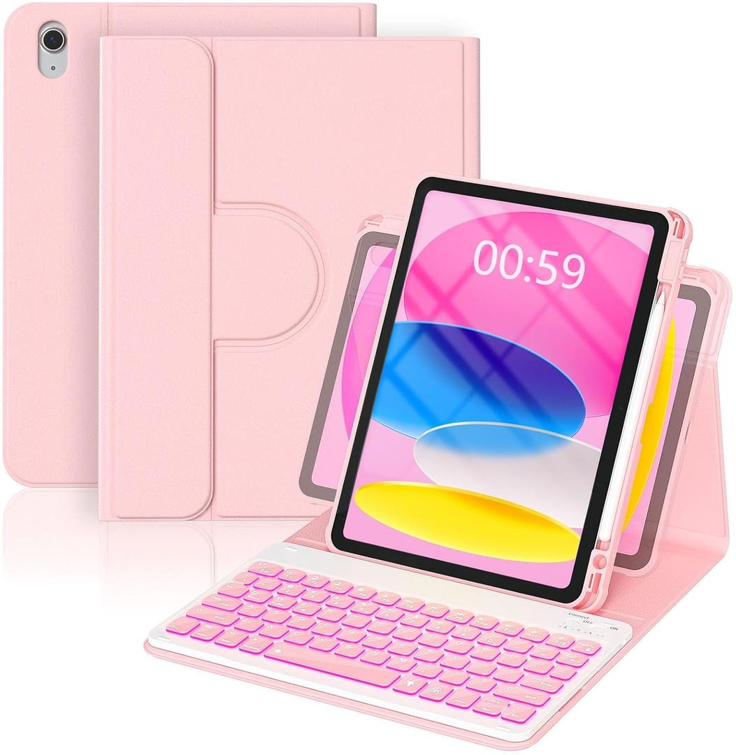 YBING for iPad A16 Case with Keyboard 11th &10th Generation, 360 Rotation Magnetic Cover with 7-Color Backlit Wireless Detachable Keypad with Pencil Holder for iPad 11th 2025/10 Gen 10.9" 2022 (Pink)