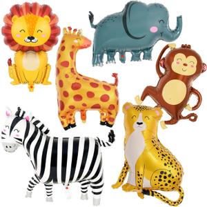 6 Pcs Safari Balloons,Jungle Safari Animals Foil Balloons,Giant Zoo Animal Balloon Zebra Elephant Monkey Lion Giraffe Leopard Shaped Animal Balloon for Zoo Wildlife Theme Birthday Party Decorations