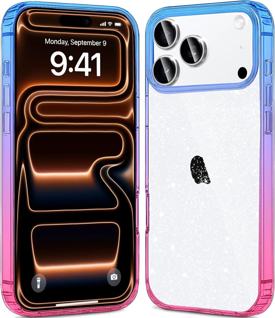 JJGoo Compatible with iPhone 17 Pro Max Case Clear Glitter, Hard PC Back Shockproof Protective Bumper Cover, Sparkle Bling Sparkly Cute Slim Women Girls Phone Cases, Gradient Blue Pink