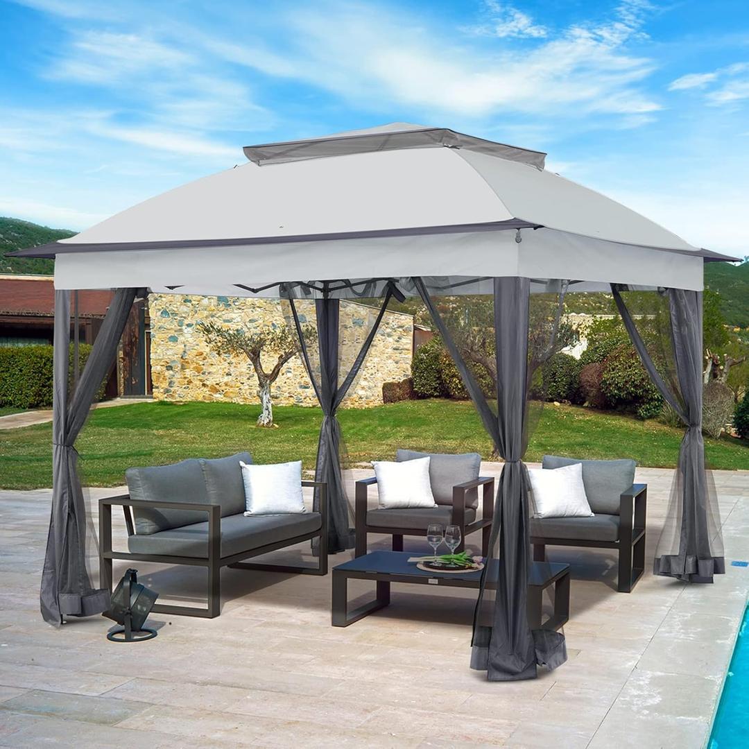11x11 Outdoor Pop up Gazebo Tent with Mesh Walls for Patio, Lawn, Backyard and Deck, Gray