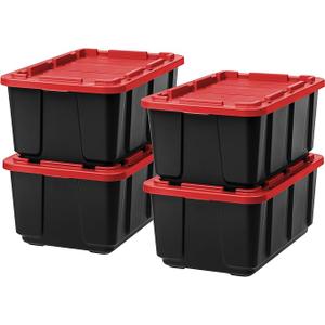 IRIS USA 27 Gallon (4Pack) Heavy Duty Storage Bins with Lids, Snap On Lid Stackable Industrial Totes, Rugged Tubs, Garage Organization, Reusable - Total 8 Units - Black/Red