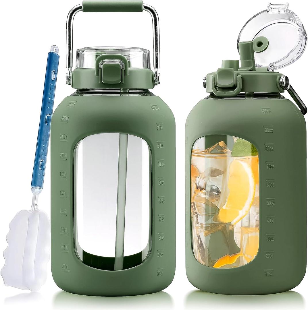 WINSA Large Glass Water Bottles with Stainless Steel Handle,100 oz Gallon Drinking Bottle with 2-in-1 Straw Lid,3 Liter Glass Water Jug with Silicone Sleeve,Wide Mouth,Olive