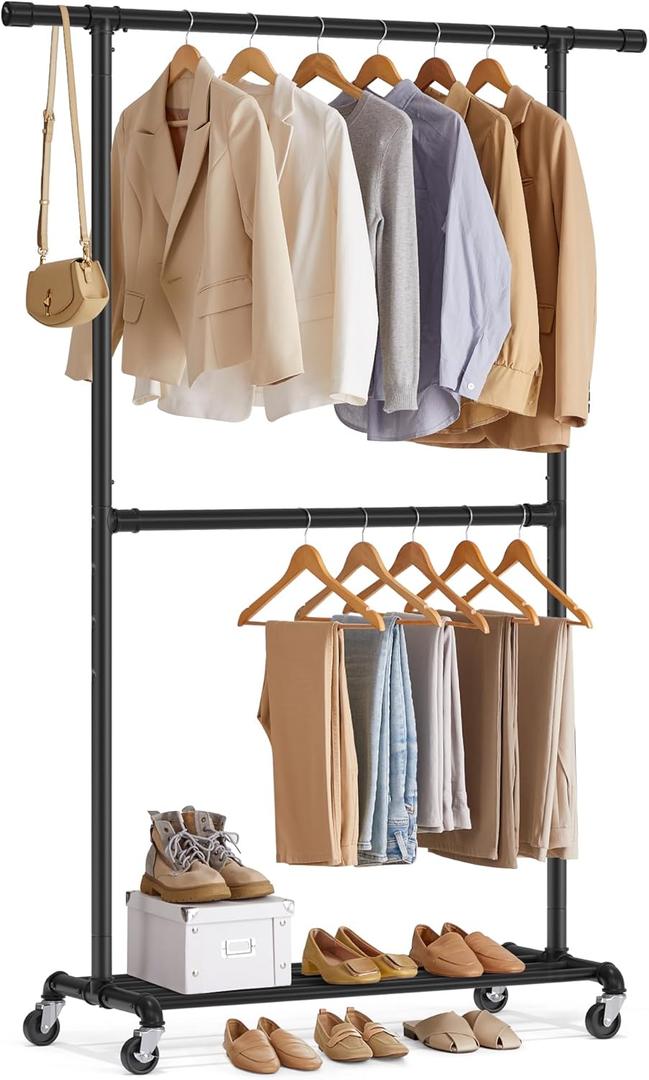 SONGMICS Heavy-Duty Clothes Rack, Double-Rod Clothing Rack for Hanging Clothes, Industrial Garment Rack on Wheels, Adjustable Metal Frame, 2 Casters with Brakes, Commercial Display, Black UHSR62BK