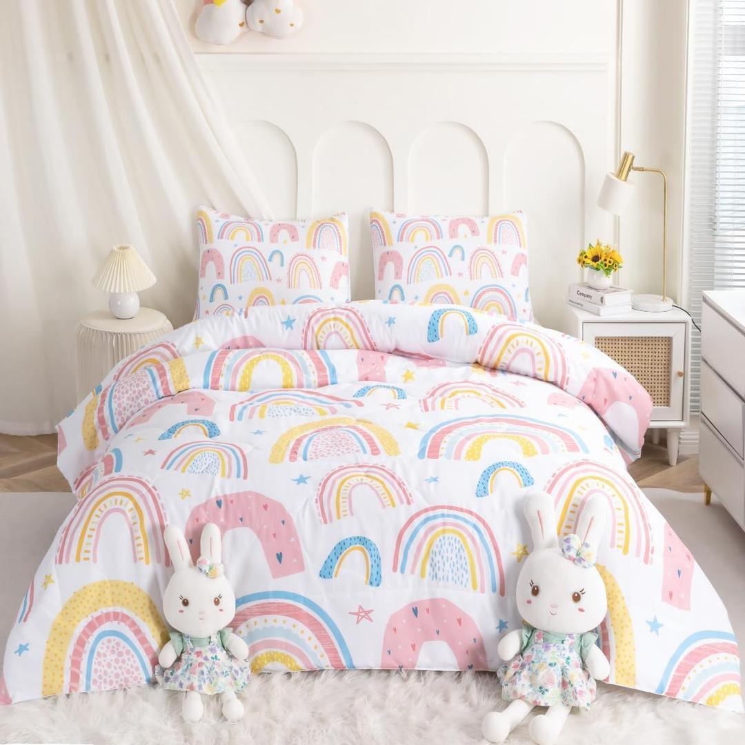 BEDMUST Kids' Rainbow Comforter Set - 3PCS Twin Size Colorful Bedding for Girls, Lightweight Soft Pink Yellow Rainbow Star Bed Set with 2 Pillowcase, Machine Washable, Durable & Cozy Bedroom Decor