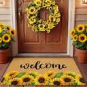 Tingjoo 2 Pcs Sunflower Natural Coir Doormat Fall Wreath and Door Mat 17 x 29 Inch Sunflower Welcome Mat and Front Door Wreath for Home Entryway Outdoor Patio Porch Garden
