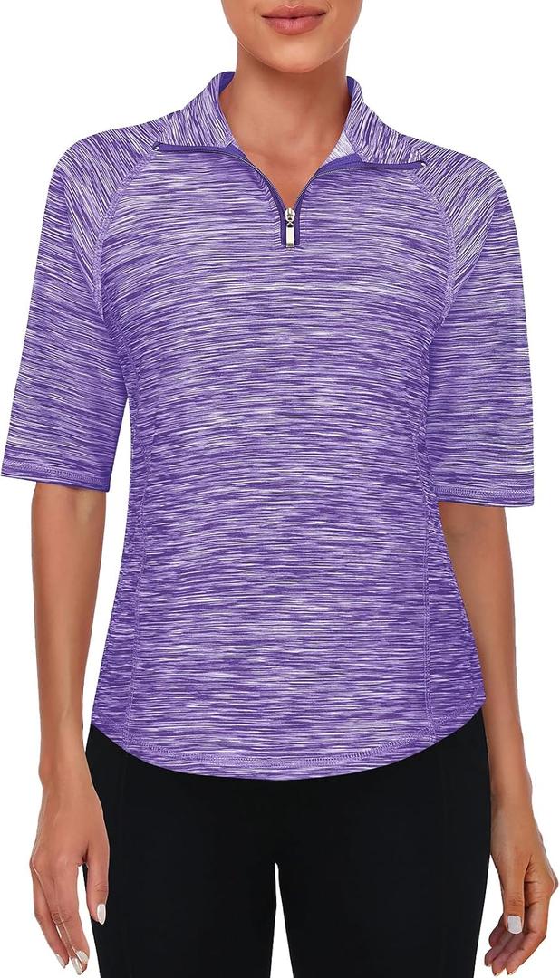 Viracy Half Sleeve Women's Golf Polo Shirts 1/4 Zip Up Moisture Wicking Running Workout Tops (Large, Purple)