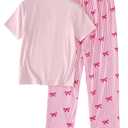 RoseSeek Women's 2 Piece PajamaSet Bow Graphic T Shirts and Striped Wide Leg Pants Pj Ser Soft Sleepwear Multicolor Medium