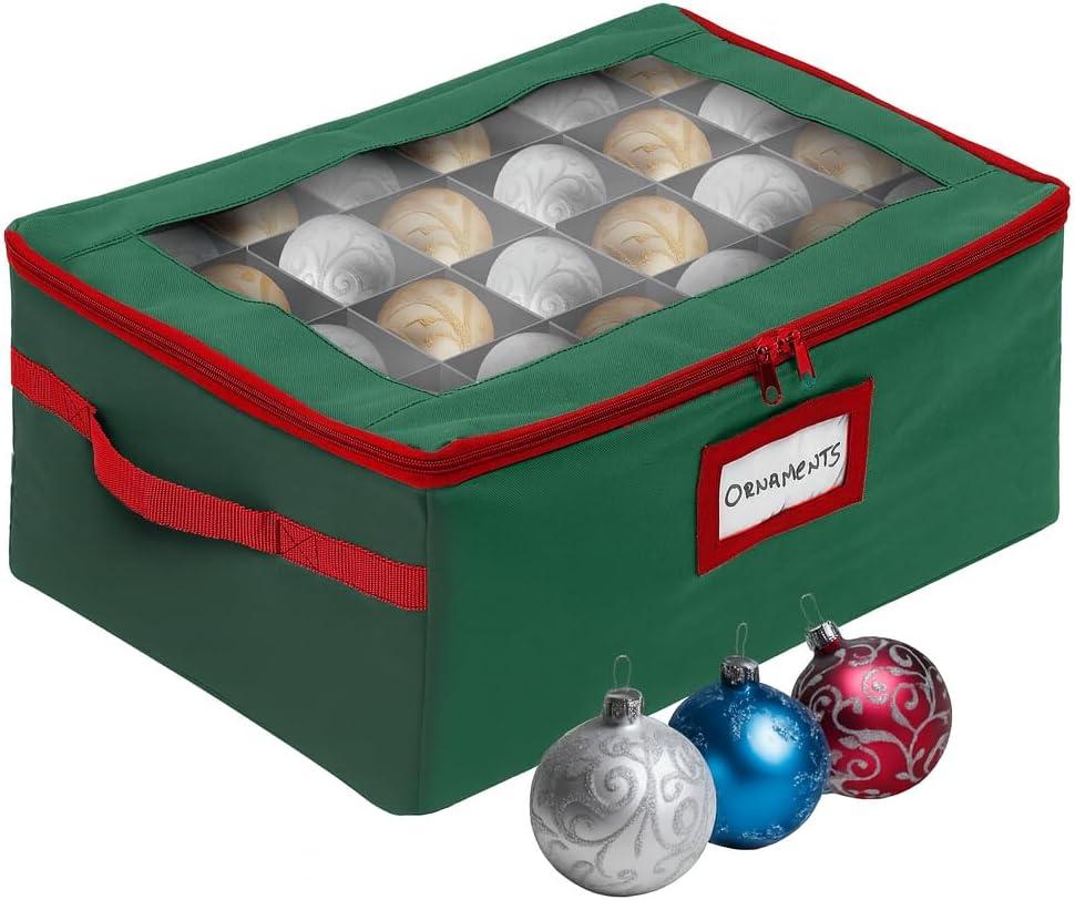 HOLDN STORAGE Christmas Ornament Storage Box with Dividers - Fits 48-3 Ornaments, 2 Removable Trays, Durable & Space-Saving, Clear Top Lid, Fits Underbed, Green