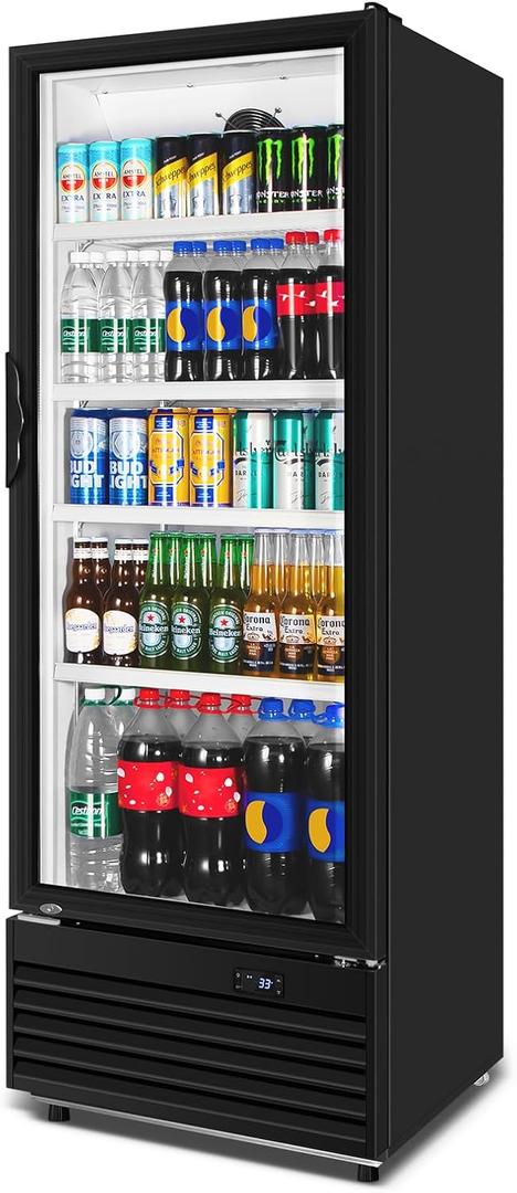Commercial Beverage Refrigerator, 24.5 Inch 15 Cu. Ft. Drink Fridge, Display Refrigerator with Glass Door, Commercial Display Fridge with 4 Adjustable Shelves, for Shops, Restaurants, Bars (Black)