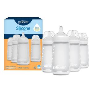 Dr. Brown's Silicone Baby Bottle with Collapsible Insert Designed to Reduce Colic, 9 oz with Wide-Neck Level 2 Medium Flow Nipple, BPA-Free, 3m+, White, 4-Pack