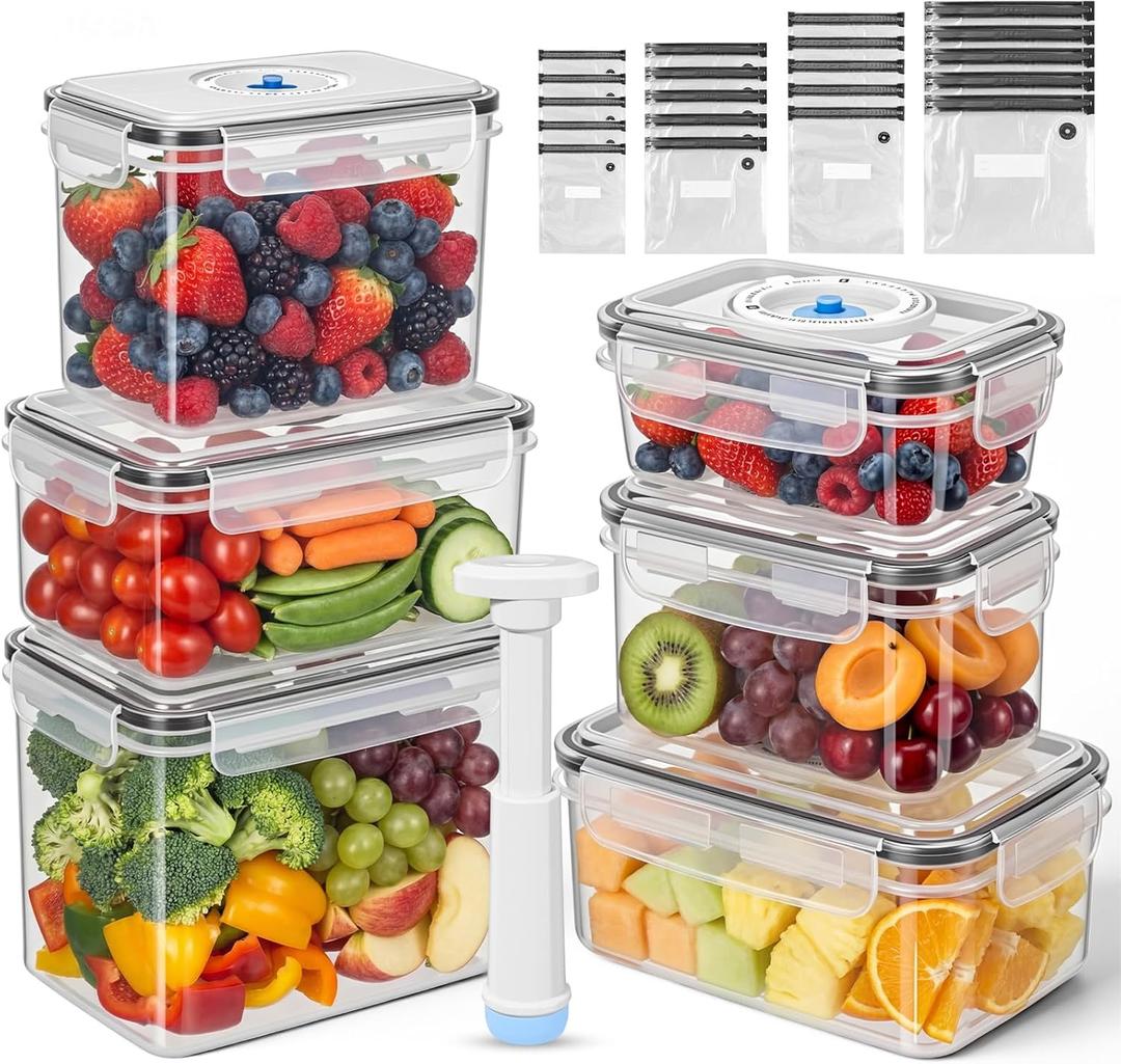 LemonRoad 33 Piece Vacuum Seal Storage Food Containers with Lids (6Containers&6 Lids&20 Sealable Bags&1 Hand Vacuum Pump), Meal Prep Containers with Lid, Airtight and Leak Proof (Black)