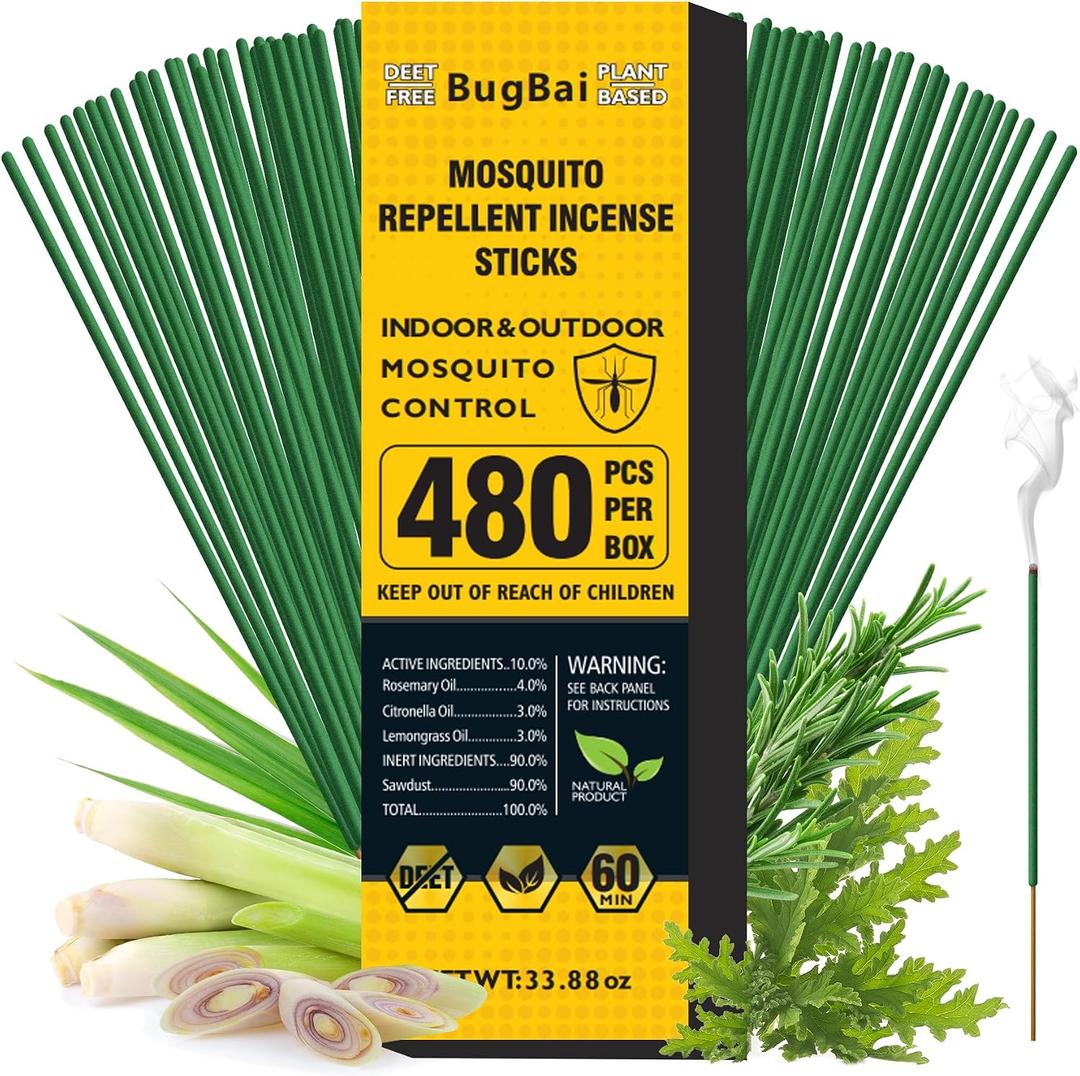 BugBai Mosquito Repellent Incense Sticks 480 PCS, 33.88oz, Citronella Oil DEET-Free Outdoor Bug Repellent for Patio Backyard Garden Camping Fishing