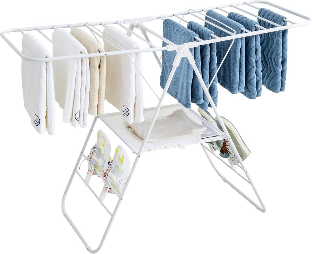 Clothes Drying Rack, Foldable Laundry Drying Racks with Shoe Rack, Free-Standing Large Standing Airer, with Height-Adjustable Wings, Indoor Outdoor Use, White