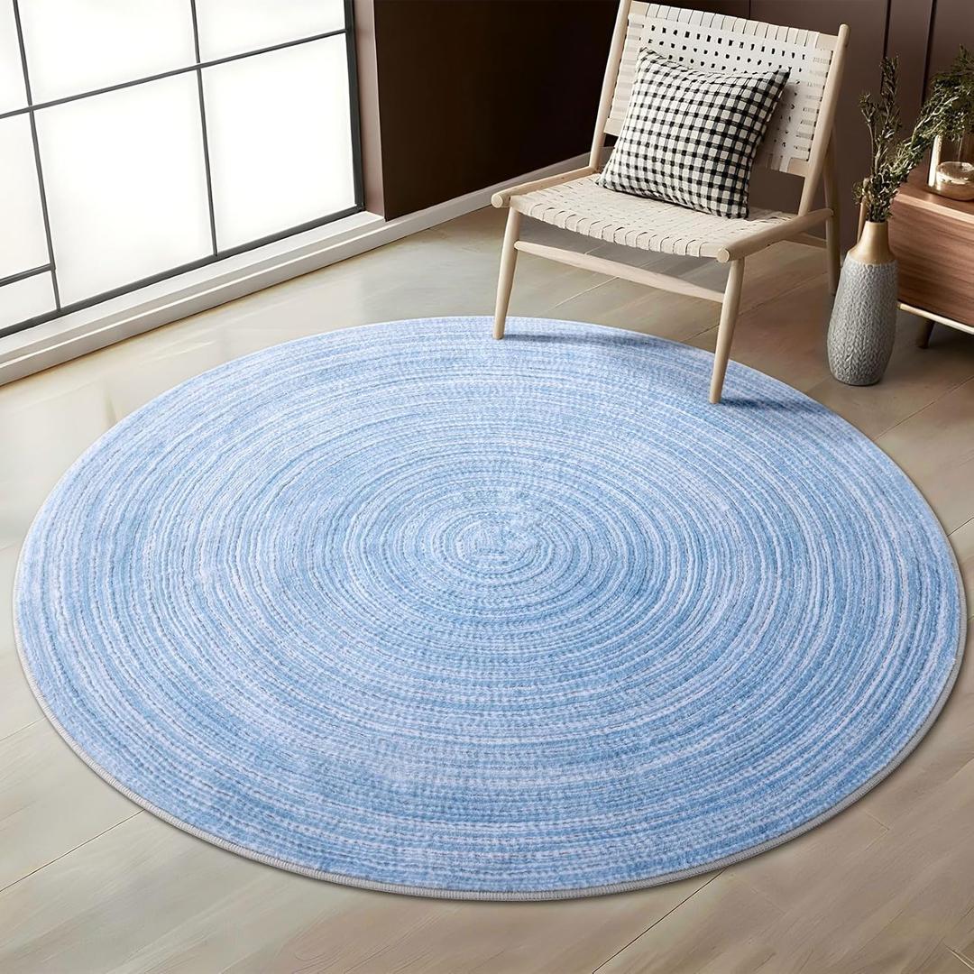 Asrug Faux Jute Round Rug Area Rug Washable Non-Slip Circle Rug Soft Plush Touch Circle Rugs Round for Kitchen Bathroom Living Bedroom Nursery, Carpet Low Pile 4ft /48 inch/122 cm Blue