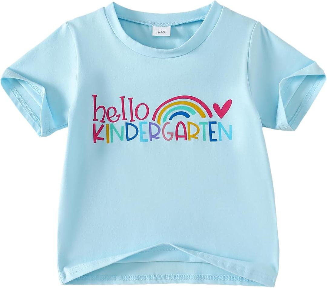 Toddler Girl Back to School Outfit Hello Kindergarten Short Sleeve T-Shirt First Day of School Tops (Blue)
