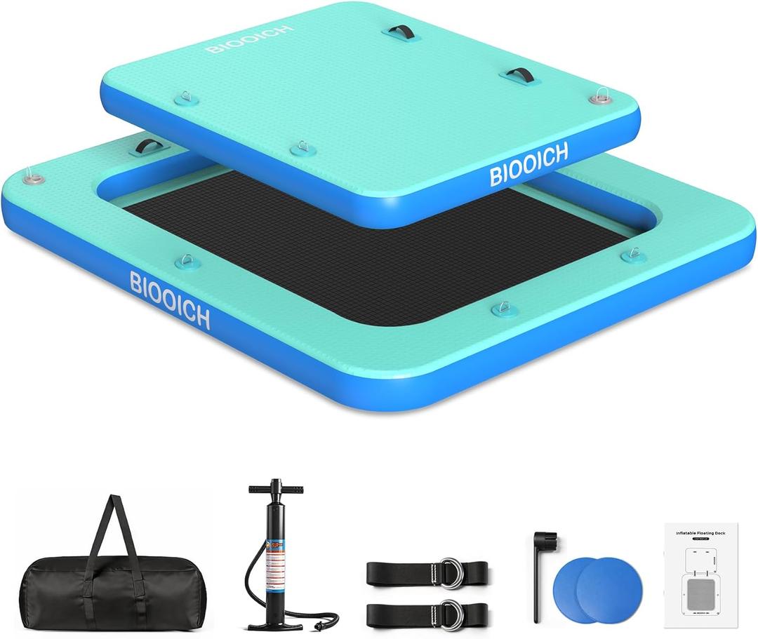 2 in 1 Inflatable Floating Dock, 8.2FTx7.2FT Floating Mat with Mesh Swim Area & Portable Pool Island Platform with Air Pump, Repair Kit, Storage Bag & Linking Ropes for Swimming, Lake, Beach