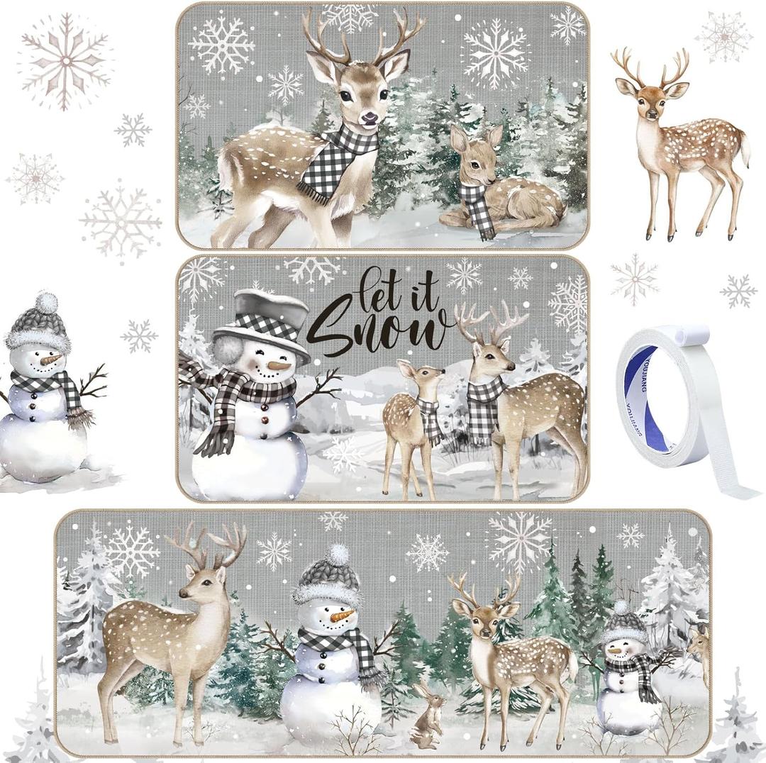 3 Pcs Winter Snowman Kitchen Rug and Mat Set Anti Fatigue Winter Kitchen Floor Mat Non Slip Let It Snow Deer Tree Farmhouse Christmas Rugs for Holiday Home Office Bathroom Rustic Decor (Grey)