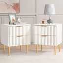 SICOTAS White Night Stand Set 2, Wide Fluted Nightstand with 2 Drawers, Modern Glossy Storage Bedside Table for Bedroom, End Side Table with Golden Metal Legs and Handles（2, White）