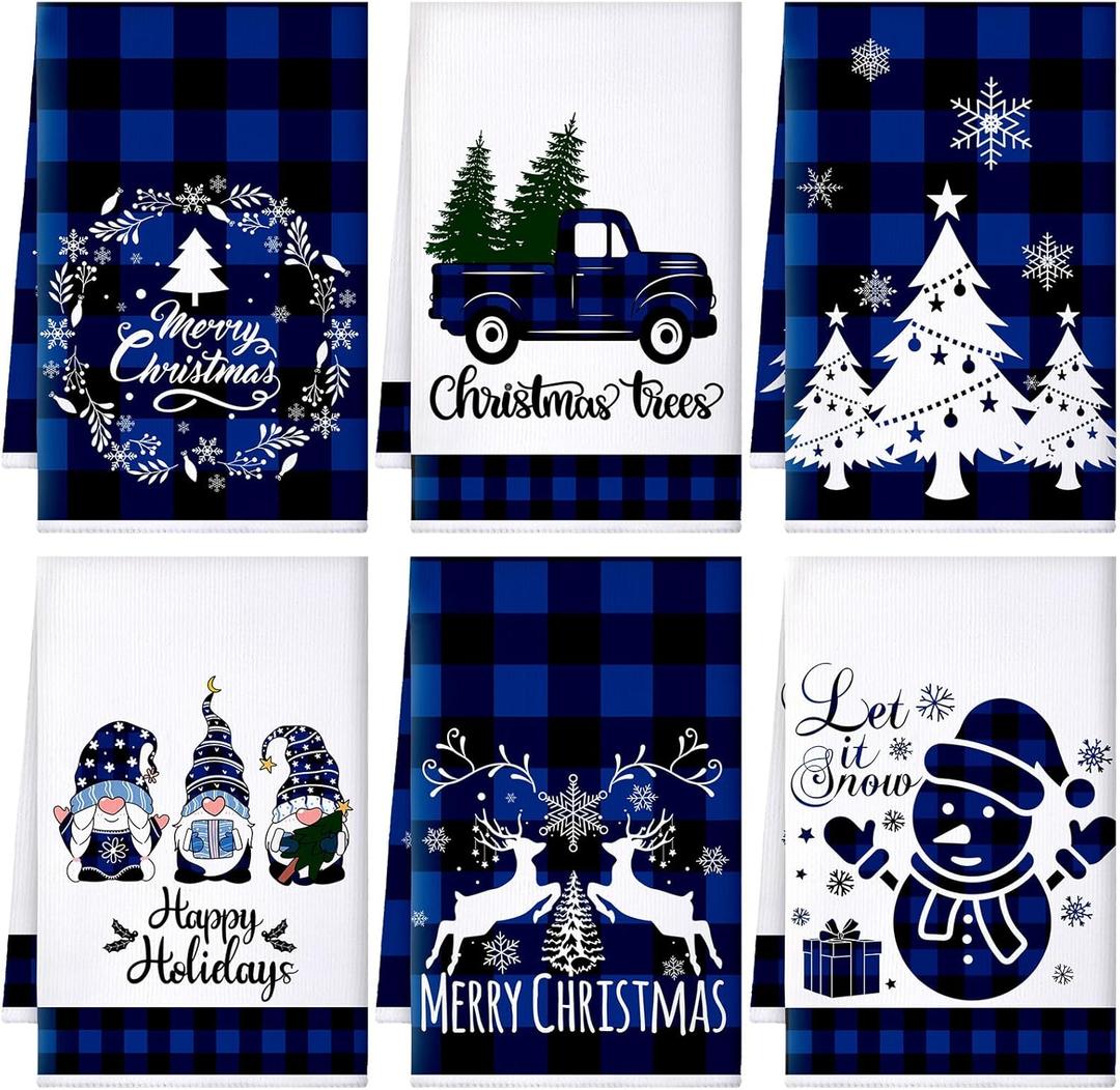 Sratte 6 Pcs Winter Kitchen Towels Blue Black Buffalo Plaid Dish Towels Absorbent Gnome Truck Snowman Bathroom Hand Towel Winter Tea Towel for Kitchen Bathroom Decoration Farmhouse Housewarming Gift
