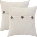 HWY 50 Beige Chenille Throw Pillow Covers 16x16 Inch with Triple Buttons, Soft Farmhouse Accent Decorative Cushion Cases for Couch Sofa Bed Bedroom Pack of 2