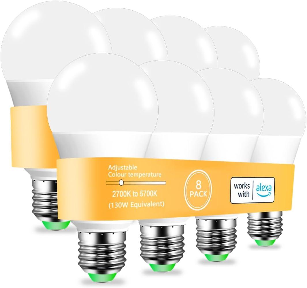 MELPO Alexa Light Bulb 130W Equivalent, Smart Light Bulbs Warm White to Daylight Tunable, A19 E26 Bluetooth LED Bulbs Controlled by BRmesh APP and Alexa only, Timing, Flicker-Free8 Pack (8)