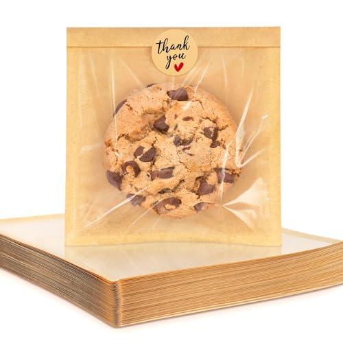 Foranda Cookie Packaging Bags with Seal, 5.7x6.5 Inch Paper Bakery Bags with Window, Heat Sealable & Grease Resistant To Go Bake Sale Sleeves for Treat, Donut, Cake Slice, Scone, Brownie