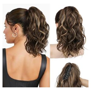 REECHO Ponytail Extension, 12" Claw Clip Ponytail Extension Short Ponytails Hair Extensions Jaw Clip on Pony Tails Natural Synthetic Hairpiece for Women Daily, Chocolate Brown with Highlights