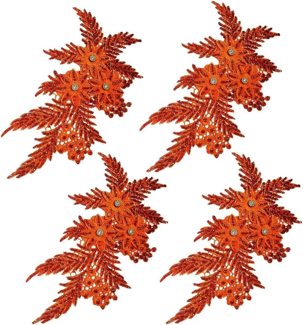 4 Pack 3D Flower Sequin Applique with Rhinestone Glitter Beaded Floral Embroidered Patch Fabric Lace Trim for Wedding Bridal Dress Gown Bag Pillow Ornaments (Orange)
