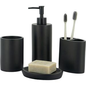 ZCCZ Bathroom Accessory Set, 4 Pcs Matte Black Bathroom Vanity Countertop Bathroom Dcor Sets Accessories with Soap Dispenser, Toothbrush Holder Set, Tumbler, Soap Dish (Matte Black Look Rounded)