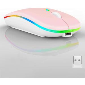 Guiheng Wireless Bluetooth Mouse,LED Dual Mode Rechargeable Silent Slim Laptop Mouse,Portable(BT5.2+USB Receiver) Dual Mode Computer Mice,for Laptop,Desktop Computer,ipad Tablet,Phone,TV (Pink)