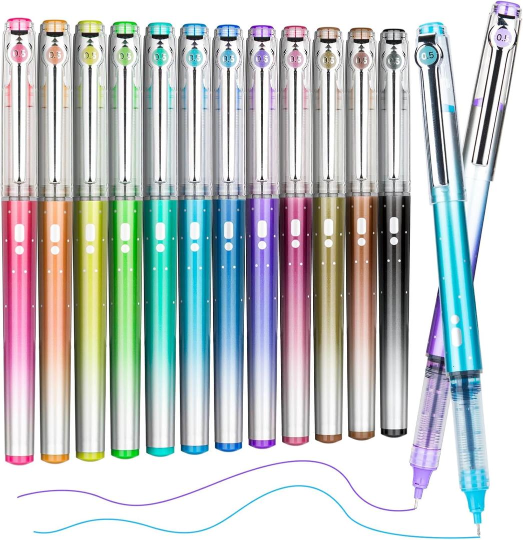 APOGO 12 Colors No Bleed Liquid Ink Pens For Journaling, 0.5mm Fine Point Bible Pens, Quick-Dry and Dispense Ink evenly, Smooth Writing Gel Pens for Bullet Journal and Taking Notes