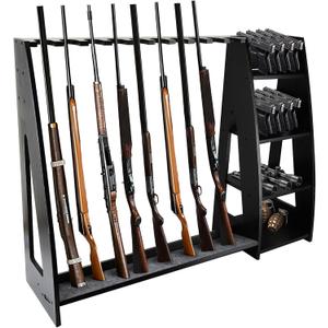 Wooden Gun Rack with Holder,Floor Standing Rifle Rack,Holds 10 Long Guns and 8 Handguns,Heavy-Duty Firearm Storage Organizer for Home or Garage,Black