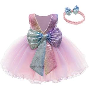12M-6Y Baby Dress Sequins Bowknot Flower Girls Lace Wedding Pageant Tutu Gown Dresses with Headwear