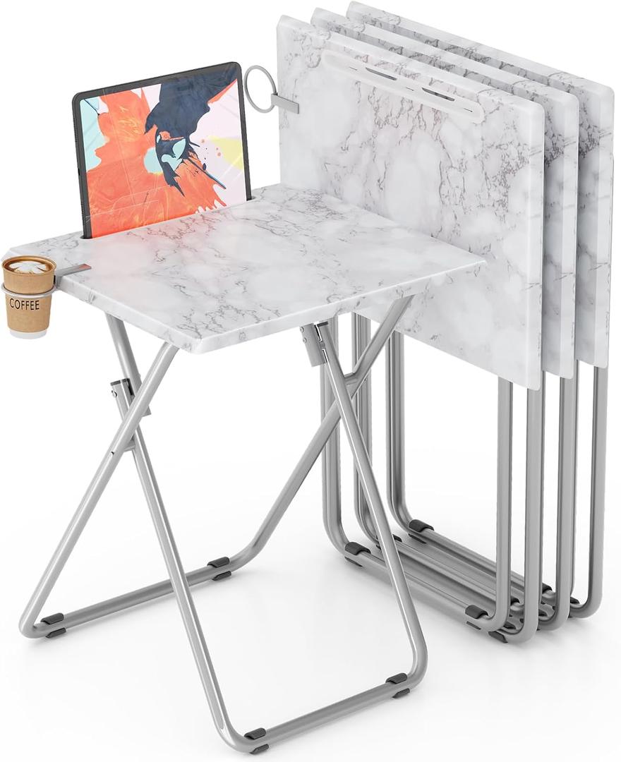 TV Tray Table,Folding Table with Cup Holder Portable,Foldable Snack Tray for Eating,Small Folding Tables Set of 4,Dinner Tables for Couch, Living Room,Small Space (White Marble,4Pcs)