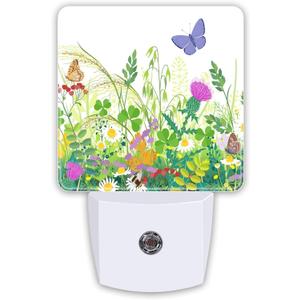 Spring Butterfly Plug-in LED Night Light,Floral Wildflowers Auto Dusk to Dawn Sensor Nightlights Plug into Wall,Flower White Energy Efficient Night light for Bedroom,Bathroom,Kitchen,Stairs,Hallway