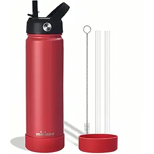 Insulated Stainless Steel Water Bottle with Straw, Ceramic-Lined, BPA-Free & Leak-Proof, 24 oz, Red