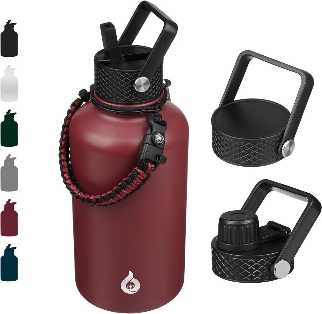 BJPKPK Half Gallon Insulated Water Bottles with Straw Lid, 64oz Large Water Jug, Stainless Steel Bottles with 3 Lids and Paracord Handle, Thermos for Hot & Cold Liquid, Brick Red (64 Ounces, Brick Red)