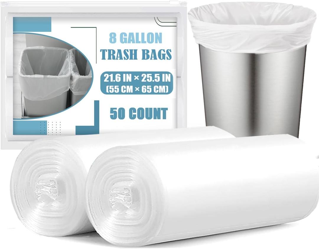 8 Gallon Trash Bags - 50 Count 8 Gal Medium Trash Bags, Unscented White 8 Gallon Garbage Bags