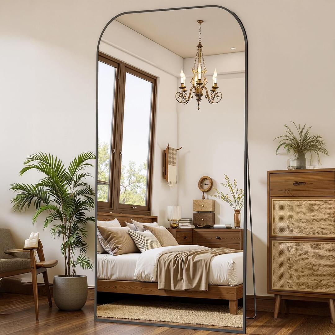 Full Length Mirror with Stand 76"x34" Floor Mirror Freestanding, Arched Floor Standing Large Mirrors Full Body Wall Hanging Leaning Home Decor for Bedroom & Living Room, Black