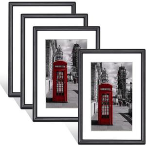5x7 Picture Frame Set of 4, Black Thin Metal Floating Photo Frame with Glass, for Wall and Tabletop Display, Fit 4x6 with Mat or 5 x 7 without Mat