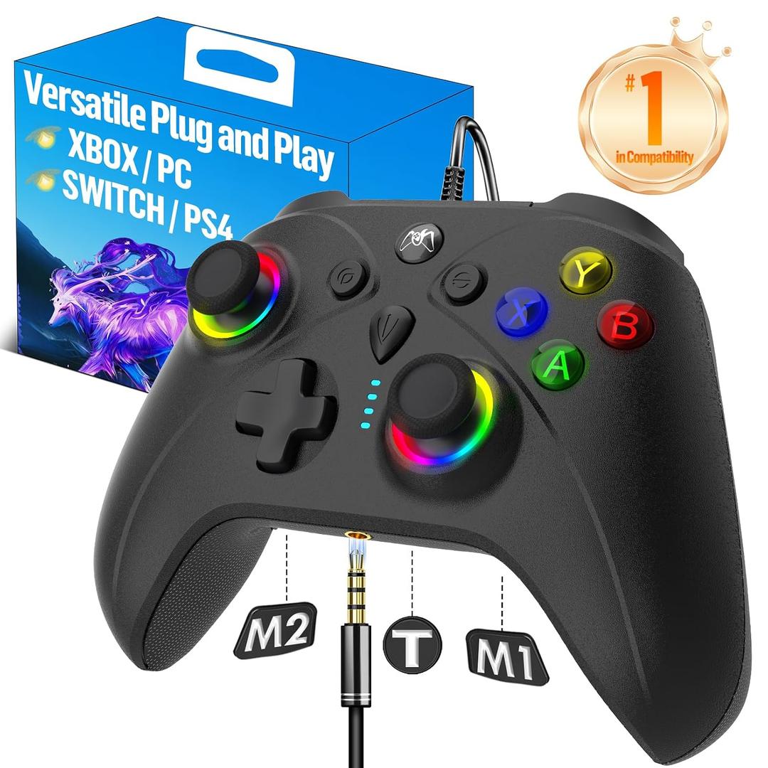 UGAME Wired X Box Controller for XBox One Series S X PC PS4 Switch, Control with 1000Hz Polling Rate No Drift Stick, Custom Paddles Turbo Remote, RGB Light Gamepad Black