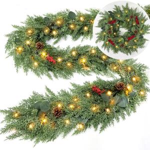 Extra Thick & Lush - Prelit Christmas Garland with 30 Lights Timer, 6Ft by 12 Inch Real Touch Cedar Garland with Berry Pinecone, Battery Operated Realistic Soft 130 Tips Xmas Garlands Indoor Outdoor