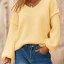 Saodimallsu Womens Oversized V Neck Sweaters Chunky Knit Lantern Long Sleeve Fall Winter Slouchy Tunic Sweater Tops (Yellow, L)