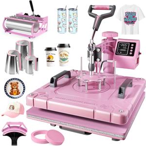 Seeutek 8 in 1 Heat Press Machine 15x15 Inch, Swing Away Digital Sublimation Heat Transfer Press with 20oz & 30oz Tumbler Attachments for T-Shirts, Mugs, Hats & Plates, Pink