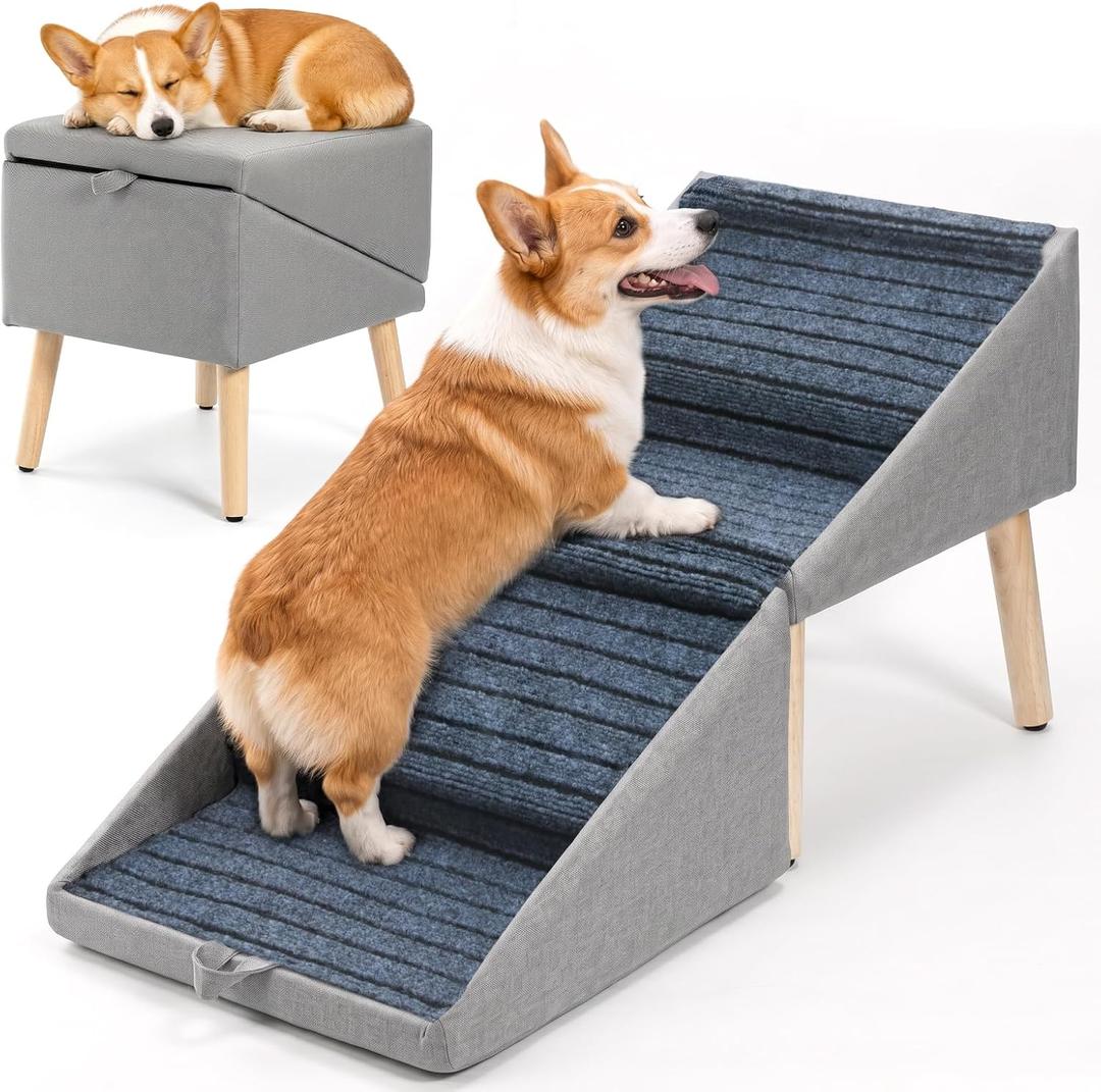 2-in-1 Dog Ramp Ottoman, 17.32" Wooden Pet Stairs for Couch