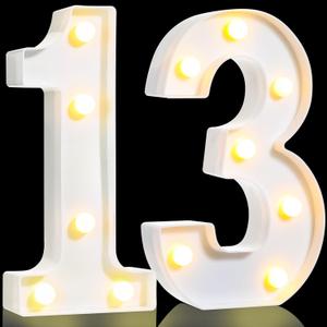Treela 8.7'' Birthday Decorative LED Light up Numbers, Glitter Marquee Number Sign for Night Birthday Party Decorations Anniversary Bar LED Sign Backdrop Wall Table Centerpieces(13th,White)