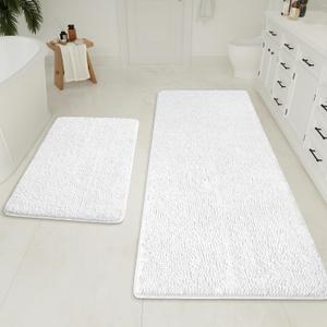 LOCHAS Bathroom Rugs Sets 2 Piece, 20 x 32 Plus 24 x 60 Inches Thick Non Slip Bath Rug Set, Absorbent Soft Chenille Bath Rug, Machine Washable Quick Dry Bath Mat for Bathroom Floor, White